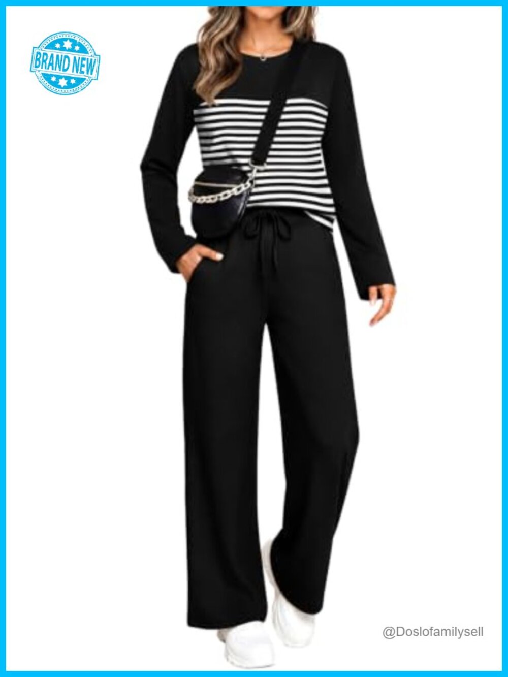 Womens 2 Piece Lounge Set Long Sleeve Crew Neck Wide Leg Pants Casual Fall
